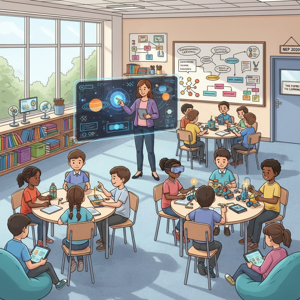 A classroom scene shows students actively participating in a new teaching method. Teachers are using innovative ways to deliver lessons as per the National Education Policy. Classroom scene under the influence of National Education Policy (NEP) in K12 education