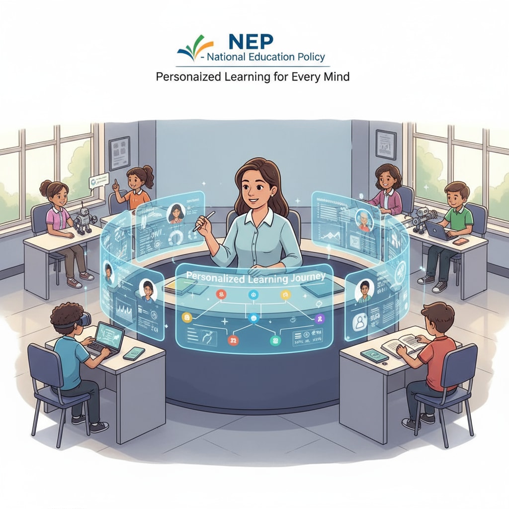 A teacher is using digital tools to understand the unique learning needs of each student, implementing personalized learning as per NEP. Teacher facilitating personalized learning under National Education Policy (NEP) in K12 education