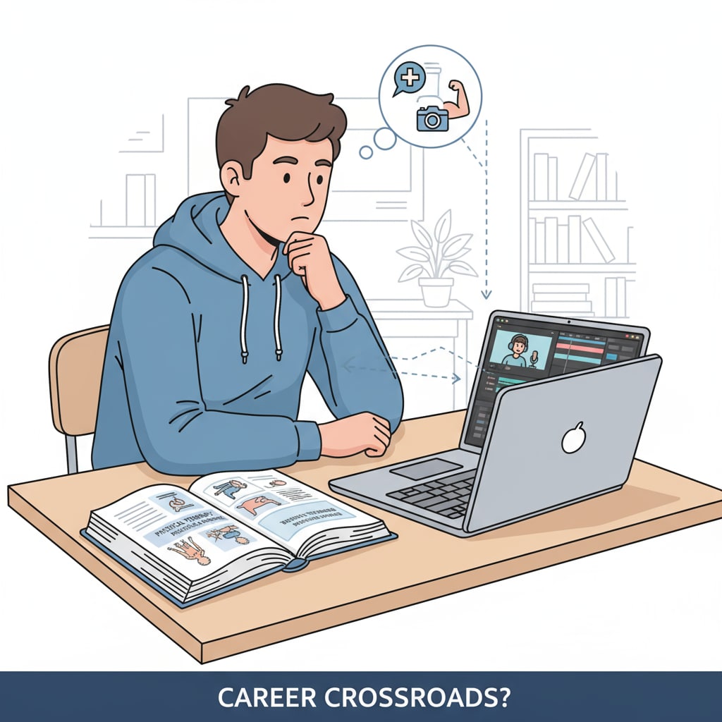 A young person is shown sitting at a desk, with a physical therapy textbook open on one side and a laptop displaying content creation software on the other. They are looking at the screen, deep in thought, representing the moment of decision-making between the two career paths. A young person considering a career transition from physical therapy to content creation