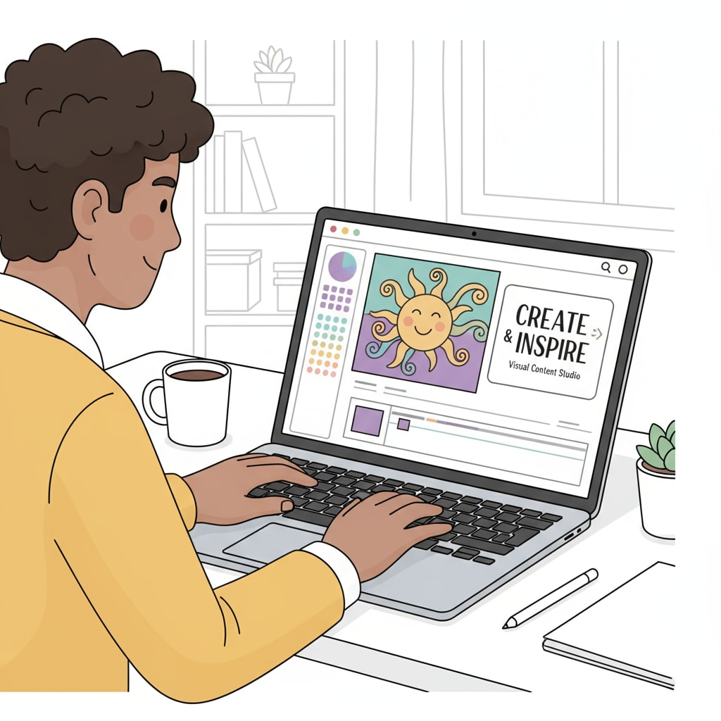 A person is actively working on a laptop, creating visually appealing content. The screen shows bright colors, engaging graphics, and text, highlighting the creative process involved in content creation. A person engaged in content creation