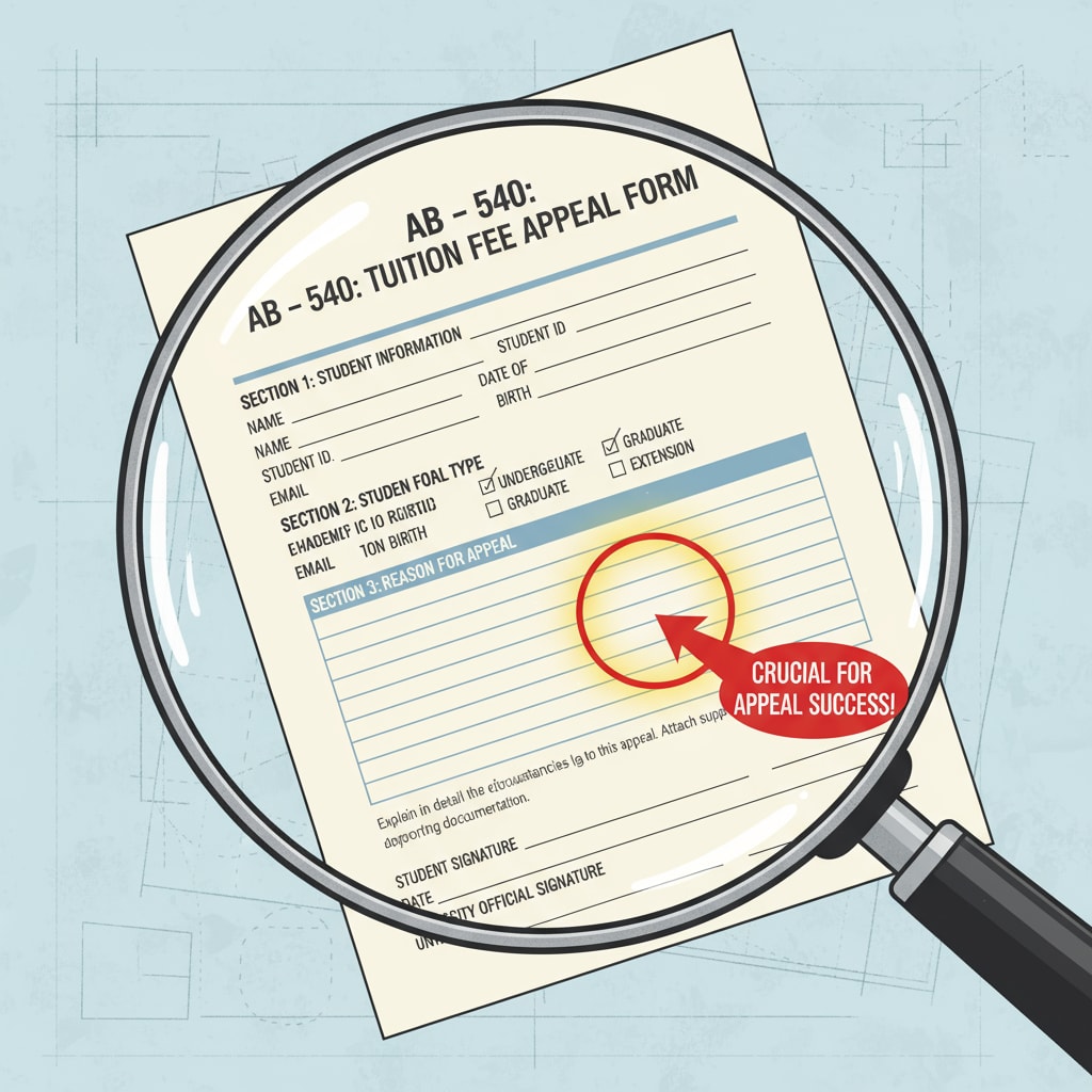 Close-up of an AB-540 form relevant to tuition appeals and residency status