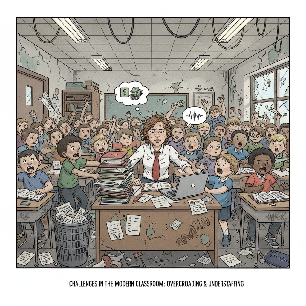 A teacher is shown working in a classroom that appears crowded and noisy, highlighting the poor working conditions. A teacher in a poor working condition classroom related to questionnaire survey for thesis research