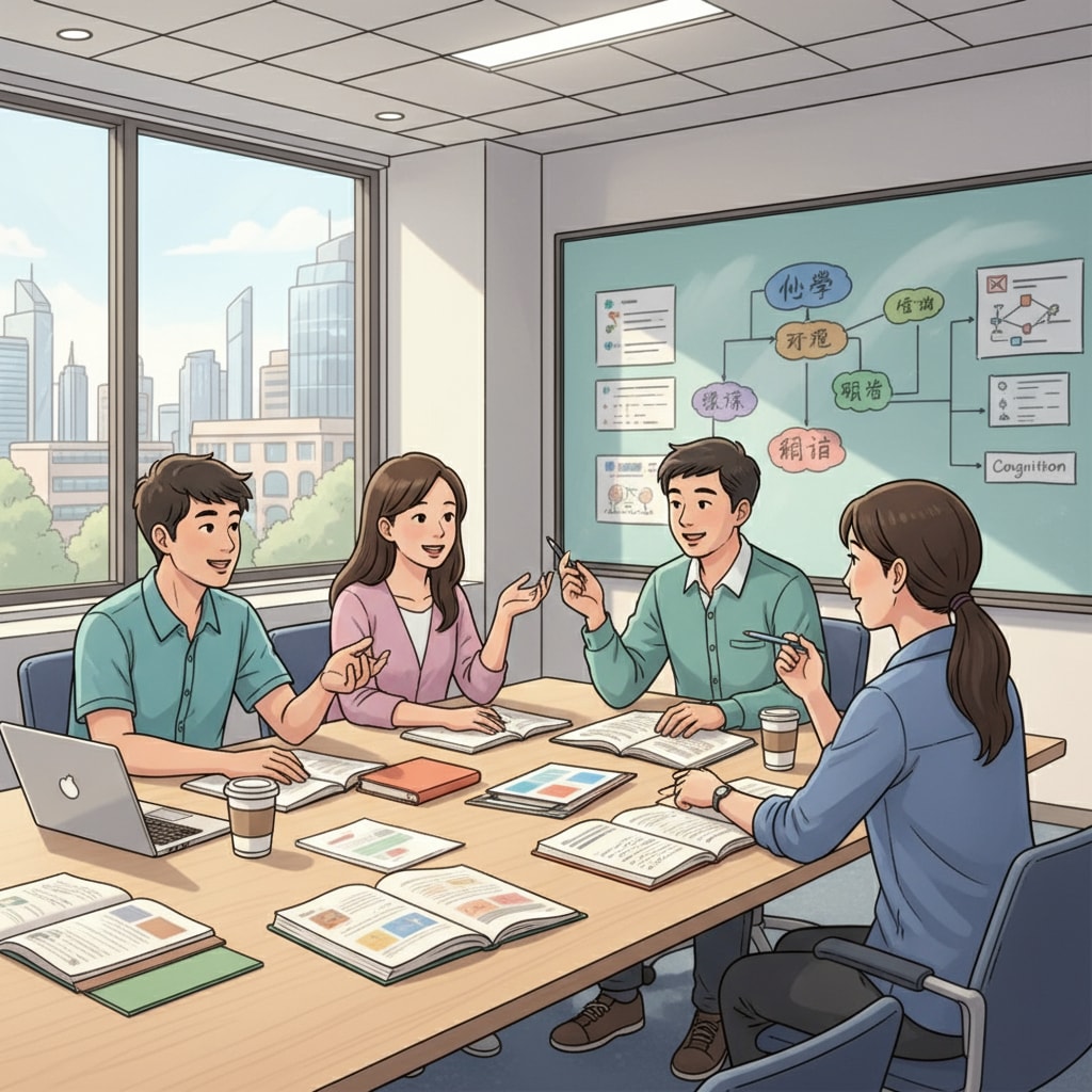 A group of students are engaged in a lively discussion about psychology topics in a modern Asian university classroom. There are textbooks and notebooks on the desks, and the atmosphere is one of intellectual curiosity. Transgender British teens in an Asian psychology classroom