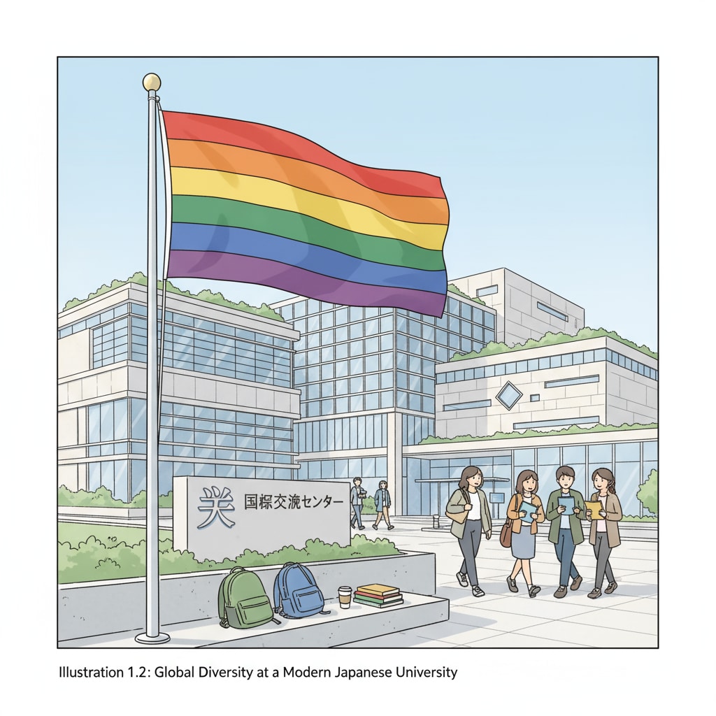 A rainbow flag is flying gently in the breeze in front of a well - known Japanese university building. The building has a modern architecture, and there are students walking around, some looking at the flag with a sense of acceptance. Rainbow flag in front of a Japanese university for transgender and LGBT acceptance