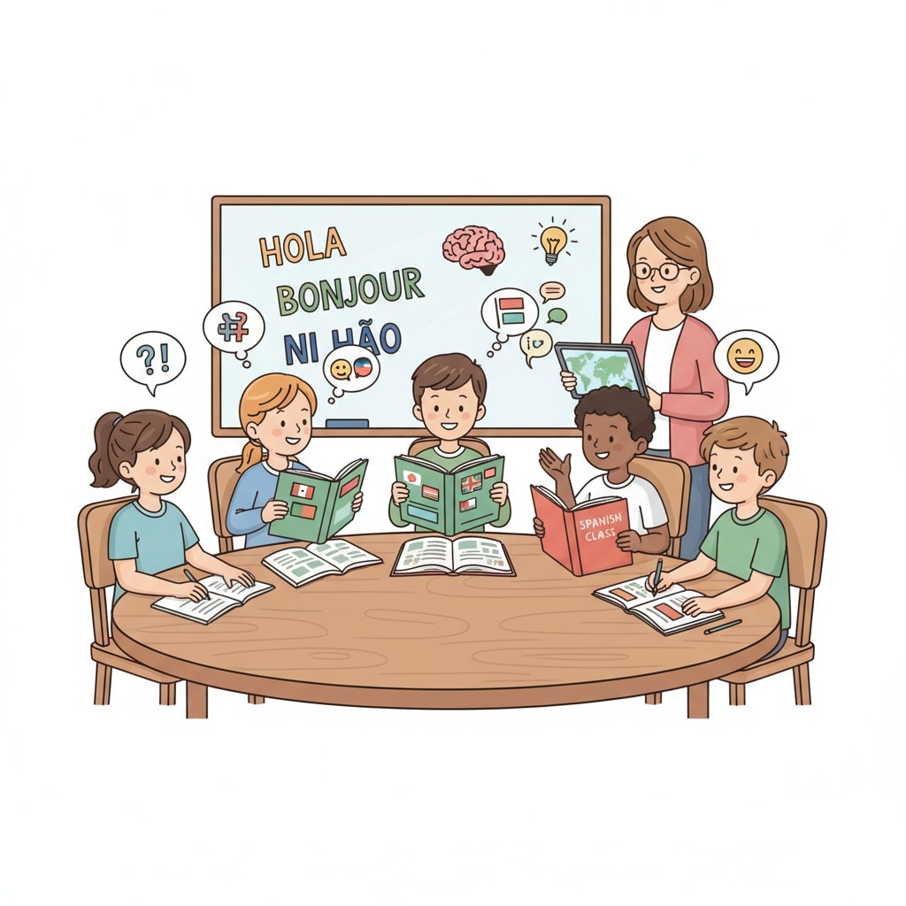 A group of K12 students are sitting around a table, actively participating in a second language learning class. They are engaged in discussions, reading from textbooks, and interacting with each other. K12 students in a second language learning class for cognitive expansion