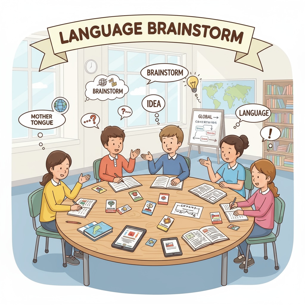 Students are gathered in a circle, brainstorming ideas during a language learning activity. They have papers and pens in their hands, and there are various language-related materials on the table. Students brainstorming in a language learning activity for cognitive development