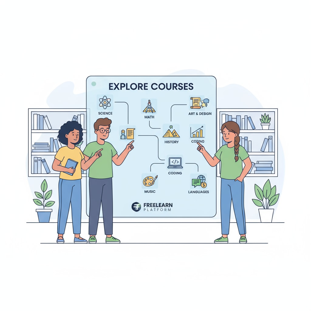A scene showing students exploring different educational courses on a digital free learning platform, with various subjects displayed on the screen. Students exploring educational courses on a digital free learning platform