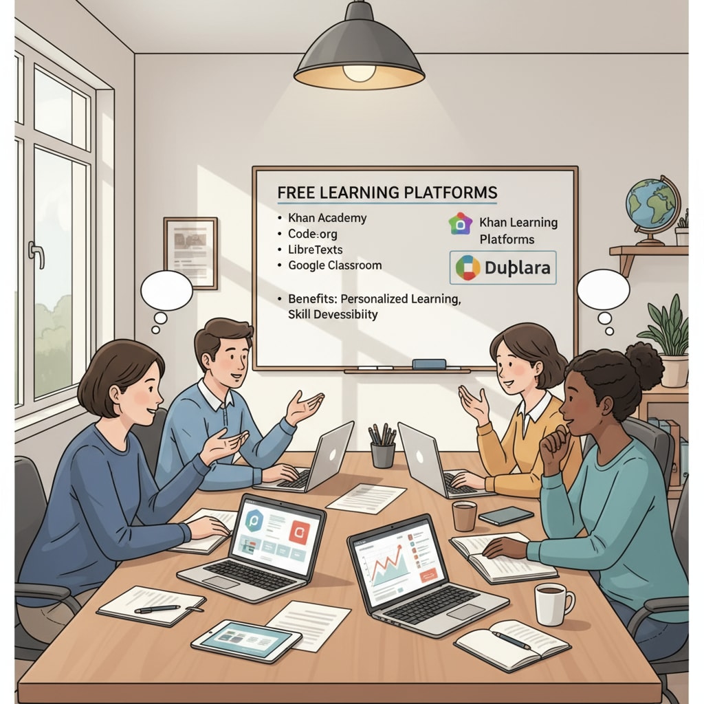 Parents and educators are sitting around a table, discussing how to use free learning platforms to enhance children's education, with laptops showing platform interfaces. Parents and educators discussing how to use free learning platforms for children's education