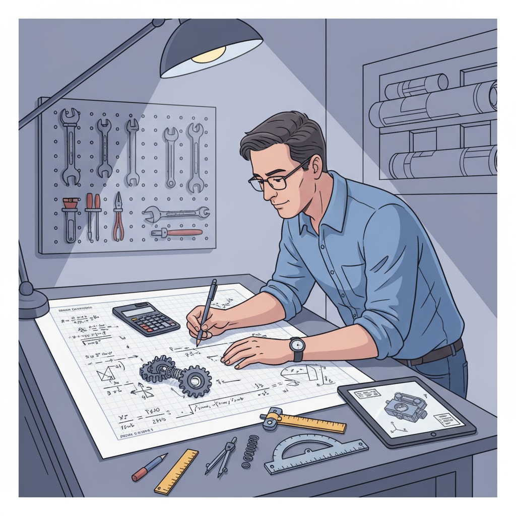 A mechanical engineer is shown working on mathematical calculations at a design desk, with blueprints and engineering tools in the background. A mechanical engineer using mathematical calculations in a design office for mathematics education