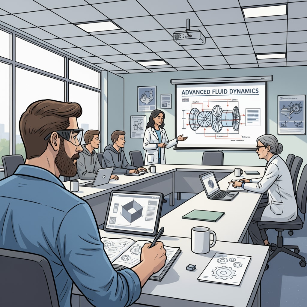 A mechanical engineer is sitting in a classroom-like setting, attending an education training session, taking notes, and interacting with other participants. A mechanical engineer attending an education training session for the transition to mathematics teaching