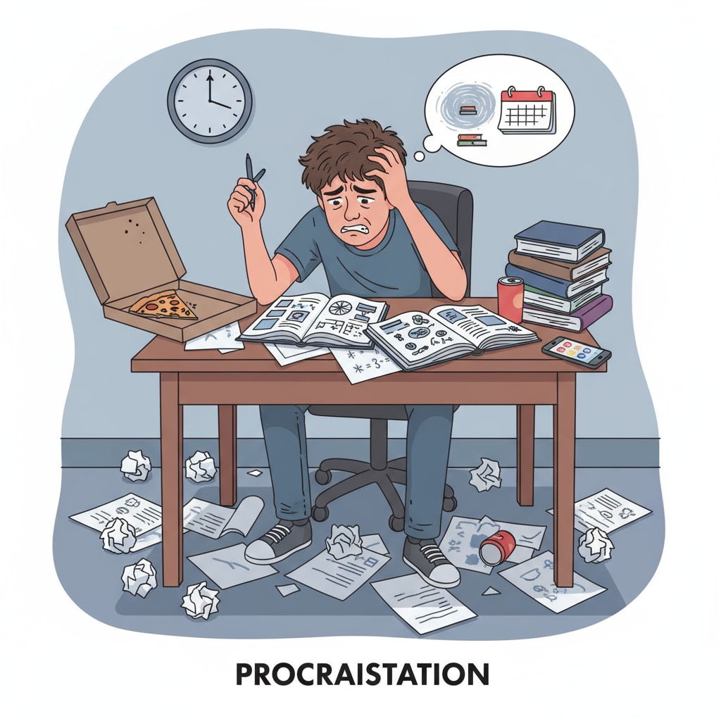 A student sitting at a desk with books open, looking stressed and having papers scattered around, representing procrastination A stressed student due to procrastination in exam preparation
