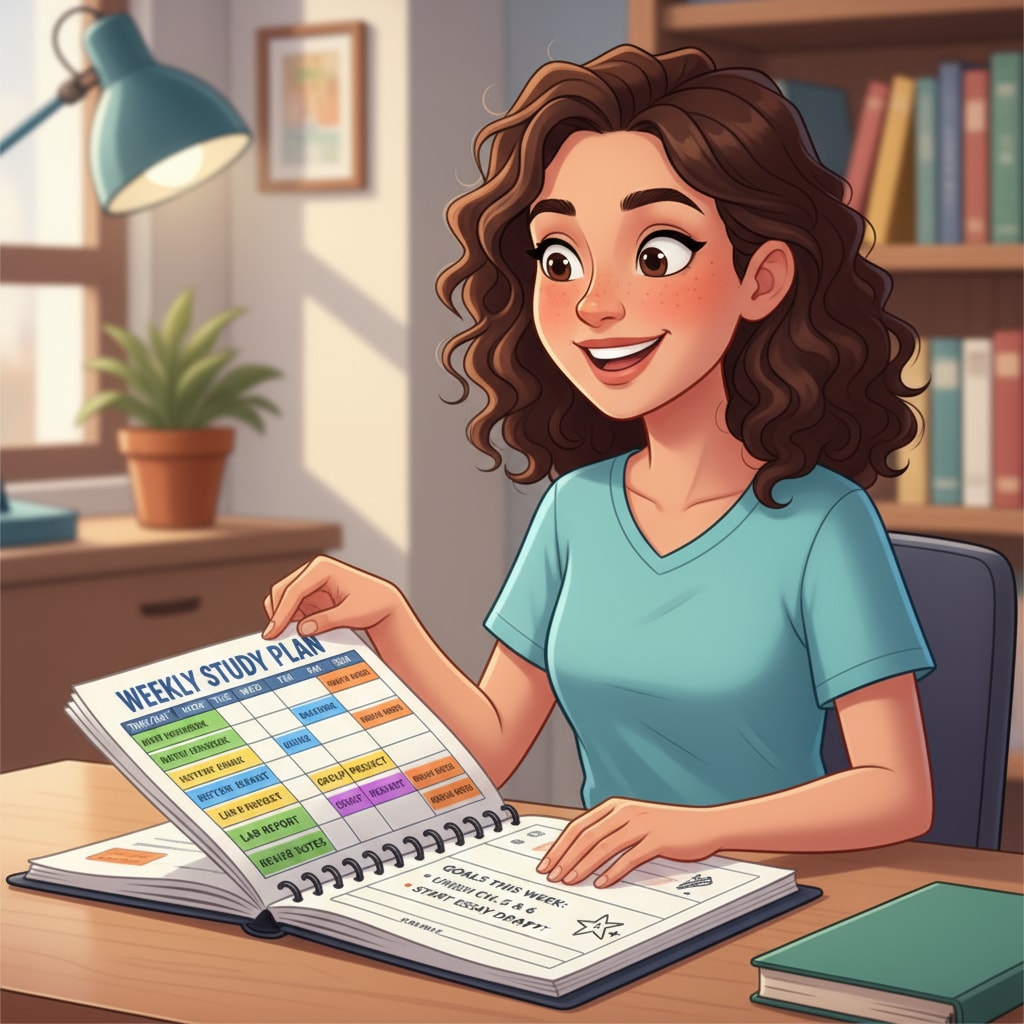 A student looking at a well-organized study schedule on a planner, with a positive expression A student looking at a study schedule for effective exam preparation