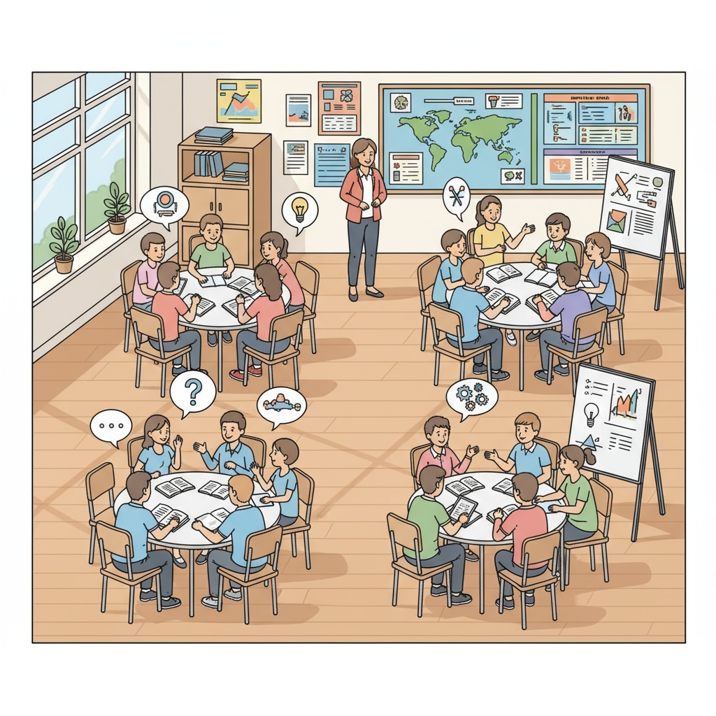 A classroom scene shows students sitting in groups, discussing and sharing ideas. Group learning in a classroom setting