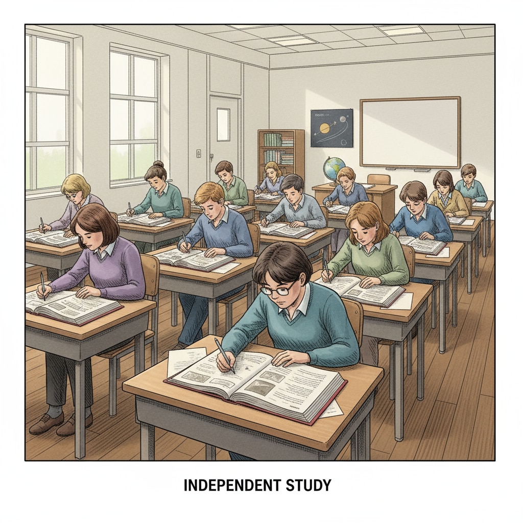 A picture depicts students sitting at their desks, studying quietly on their own. Individual learning in a classroom