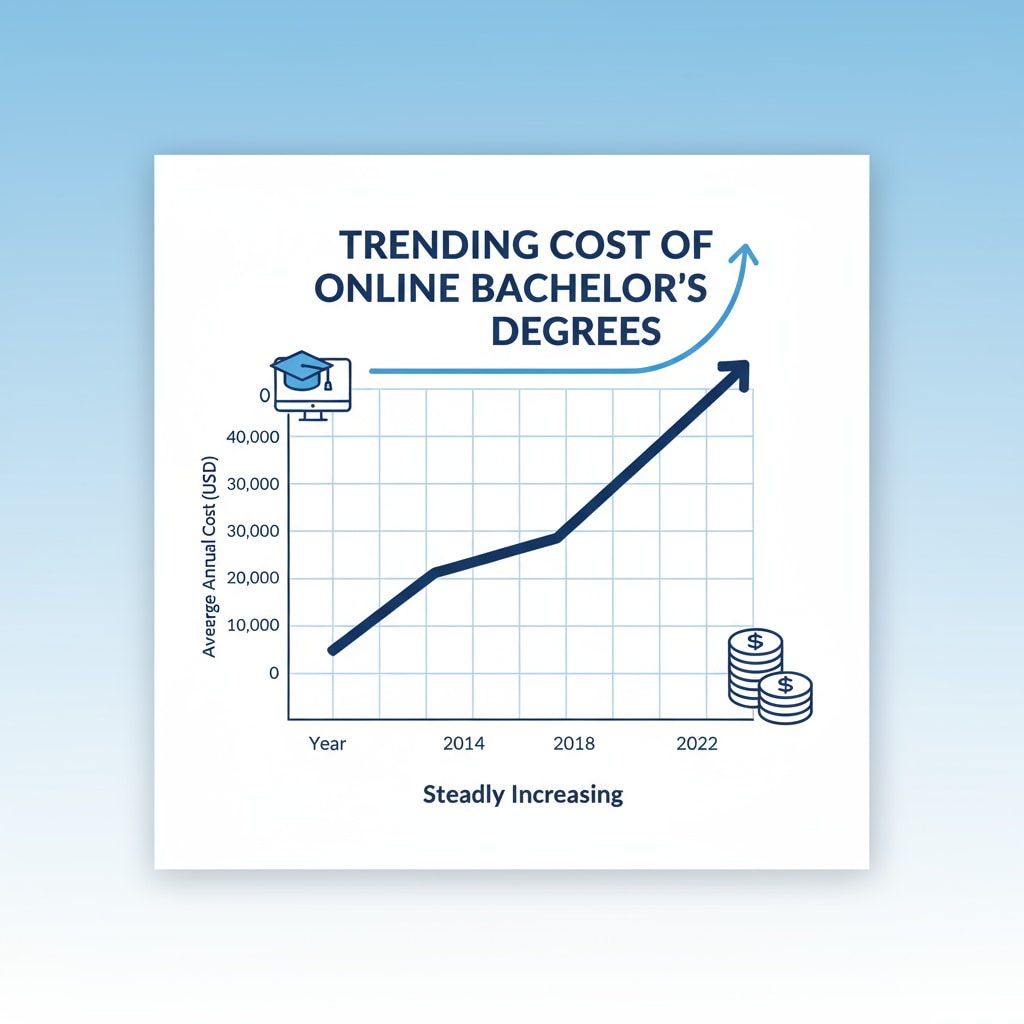 This illustration visually depicts the increasing cost trend of online bachelor's degrees over a period of several years, with the cost line rising steadily. Graph showing the rising cost of online bachelor's degrees in the context of online education, data analysis, and education costs