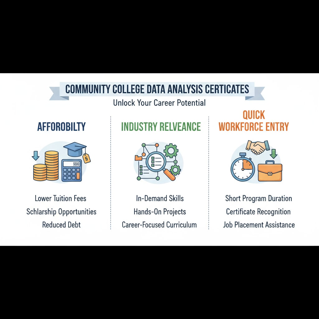 The graphic showcases the various advantages of community college data analysis certificates, such as affordability, industry relevance, and quick entry into the workforce. Graphic highlighting the benefits of community college data analysis certificates related to online education, data analysis, and education costs