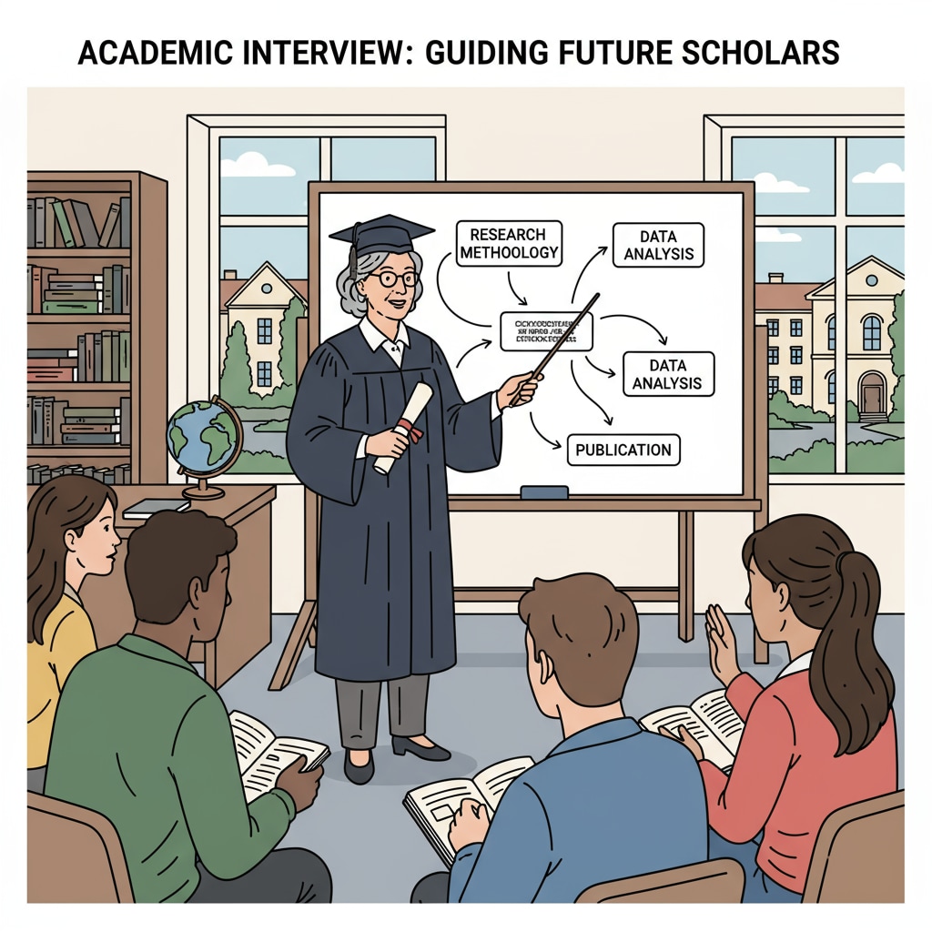 A group of students is gathered around a master's or PhD holder during an academic interview, listening intently. Students engaged in an academic interview with a higher degree holder for diverse curricula enrichment