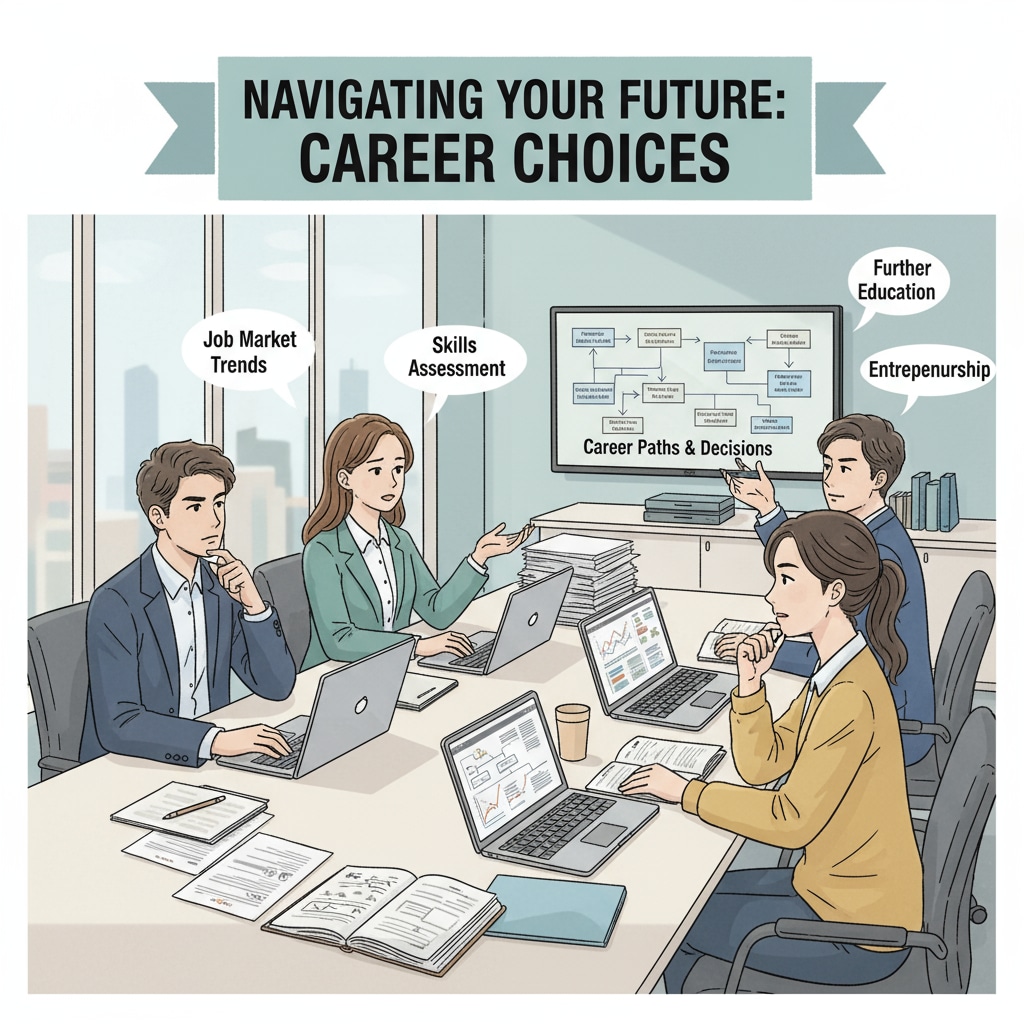 Young technical graduates discussing career planning, master's degree possibilities, and employment choices.