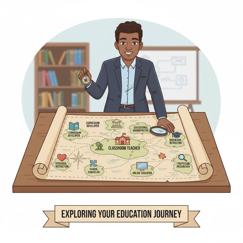 An educator is looking at a map with different career paths in the education field marked on it, symbolizing the exploration of new career opportunities. An educator exploring non-teaching career paths in the education field