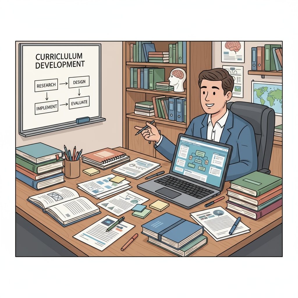A person is sitting at a desk, surrounded by papers and a laptop, working on curriculum development in an education office. A person engaged in non-teaching curriculum development work in the education field