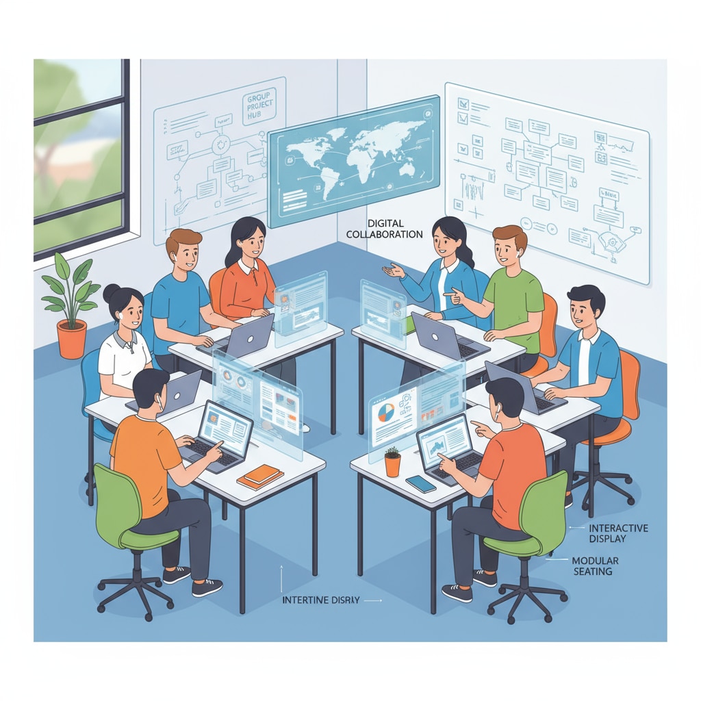 Modern classroom setup for K-12 education integrating teenager interests in technology and social interaction.