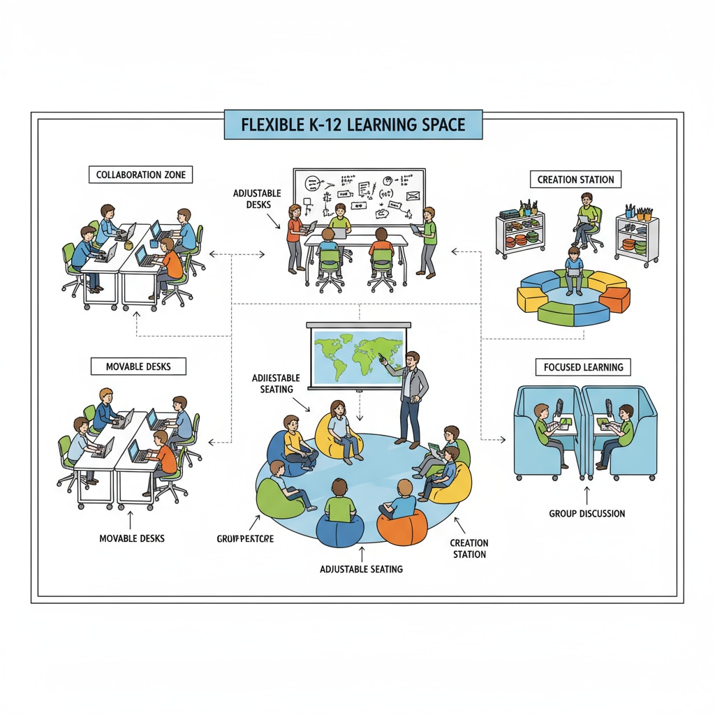 Flexible learning space design for K-12 education to meet new age learning needs.