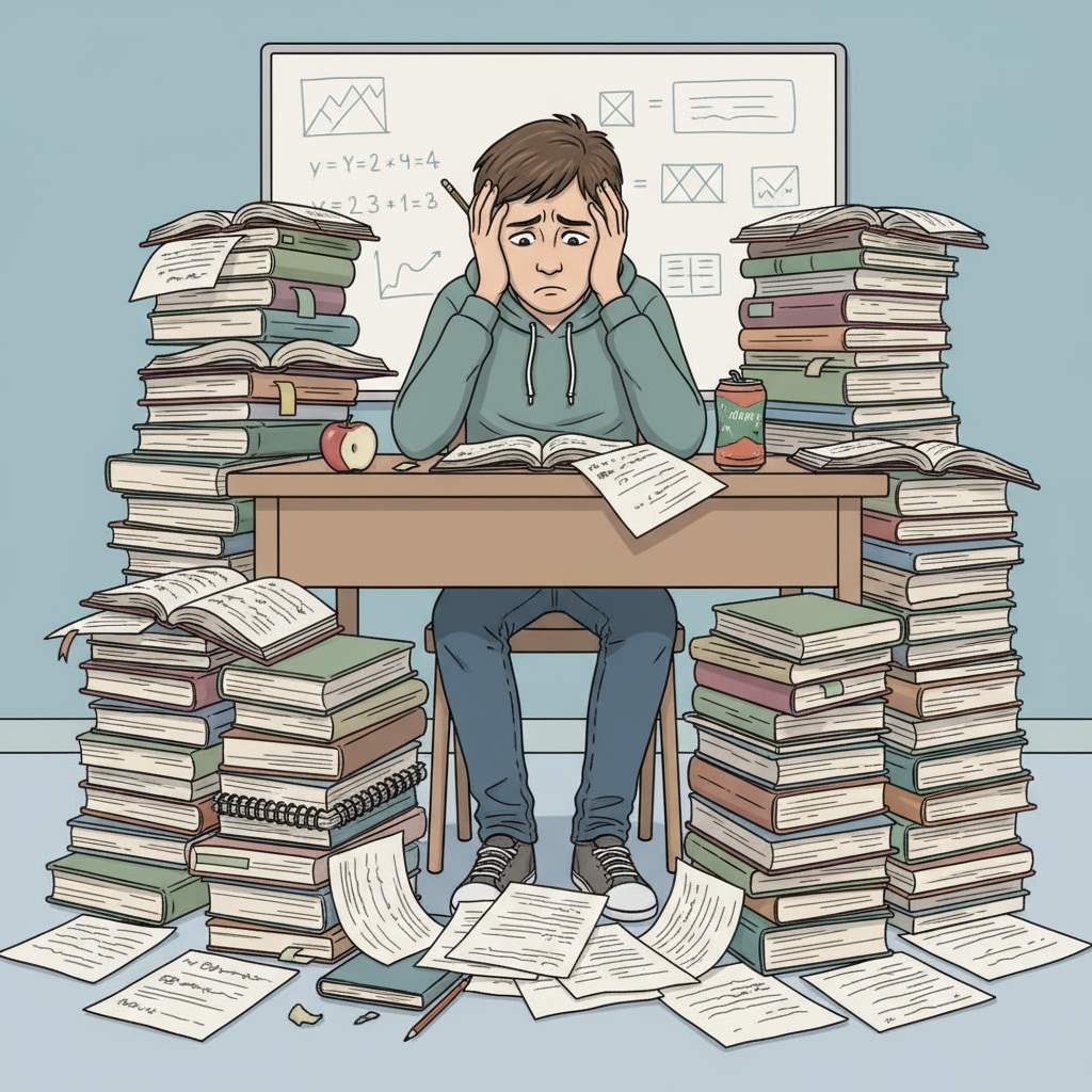 A stressed K12 student at a desk, highlighting the impact on mental health related to the idea of taking a school leave and facing criticism