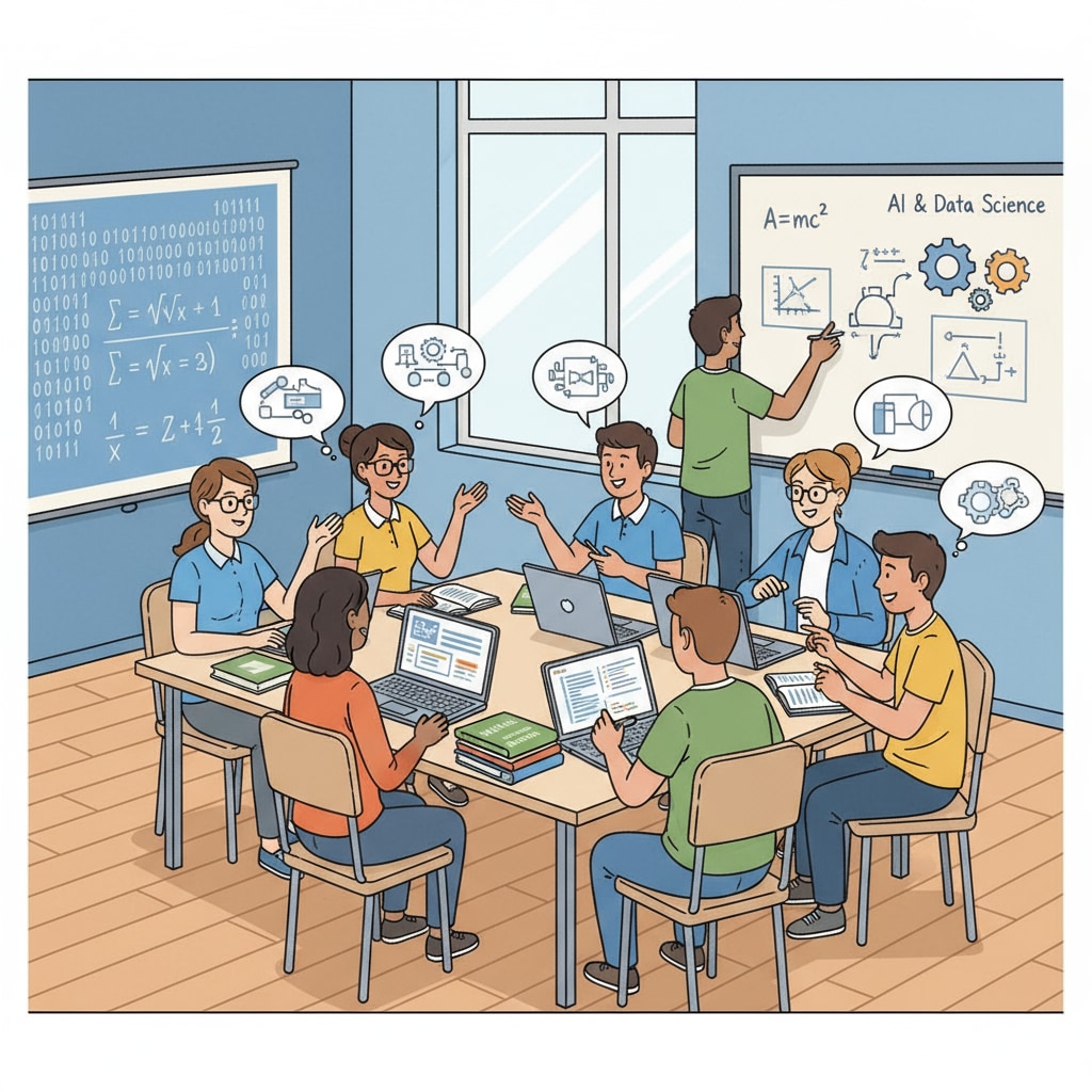 Students are engaged in a lively discussion about math and technology concepts within a college classroom setting, with textbooks and laptops in sight. College students discussing math and technology in a classroom for career planning