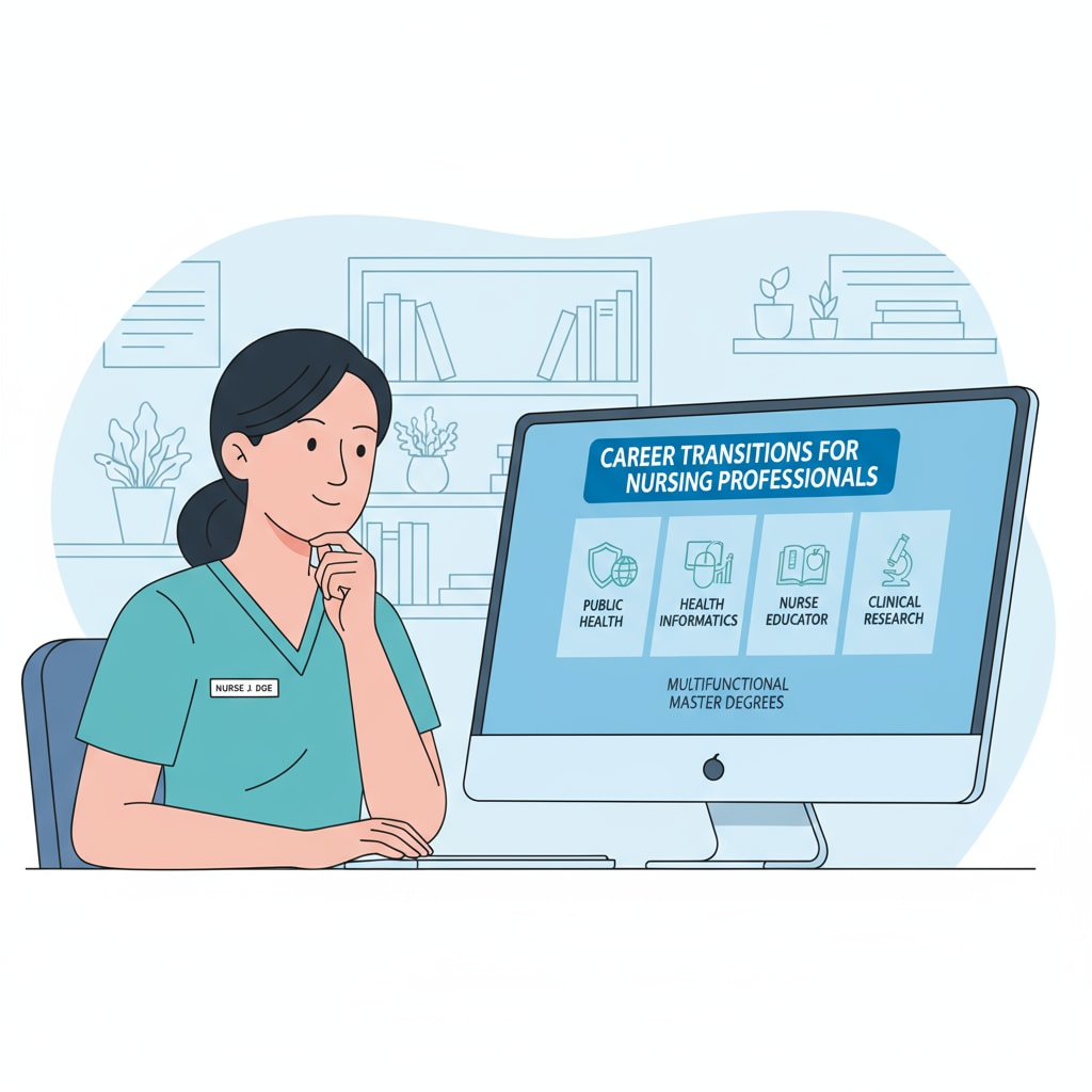A person wearing a nursing uniform is looking at a computer screen where various career options like public health, health informatics etc. are displayed, representing the choices available for nursing professionals considering career transition through multifunctional master degrees. A person with a nursing uniform looking at a computer screen with various career options displayed for multifunctional master degree related career transition