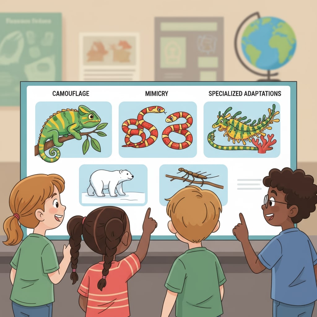 A group of children is gathered around a display that showcases different animal adaptations, such as camouflage and mimicry. They are looking at the exhibits with curious expressions on their faces. Children exploring animal adaptations in a day camp setting