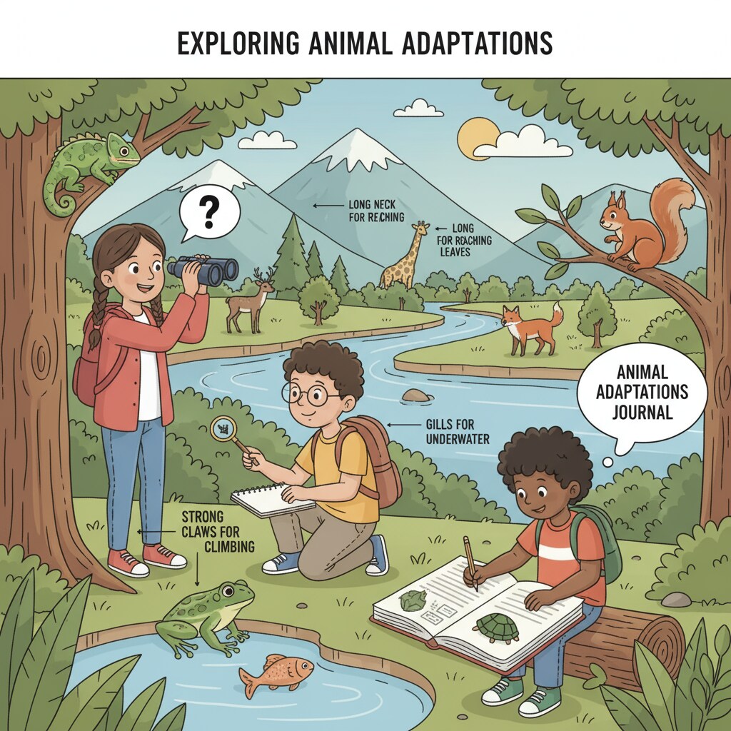 Children are outdoors, observing animals in their natural environment. They are using binoculars and notebooks to document their findings related to animal adaptations. Children observing animals for animal adaptation studies in a day camp