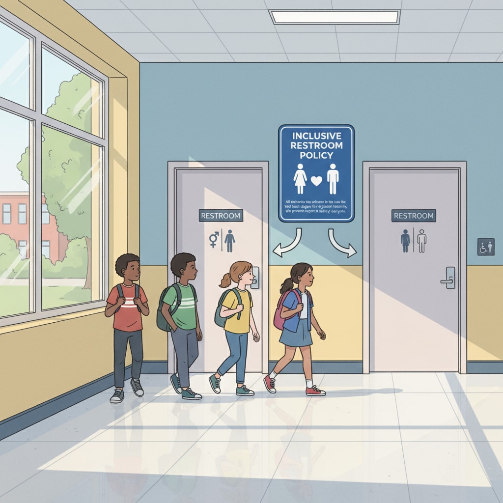 A group of students walking near school bathrooms with a sign about inclusive policies, showing the real - life context of the bathroom gender policy implementation in school. Students near school bathrooms with an inclusive policy sign related to the Department of Education's investigation into Fairfax County's bathroom gender policy