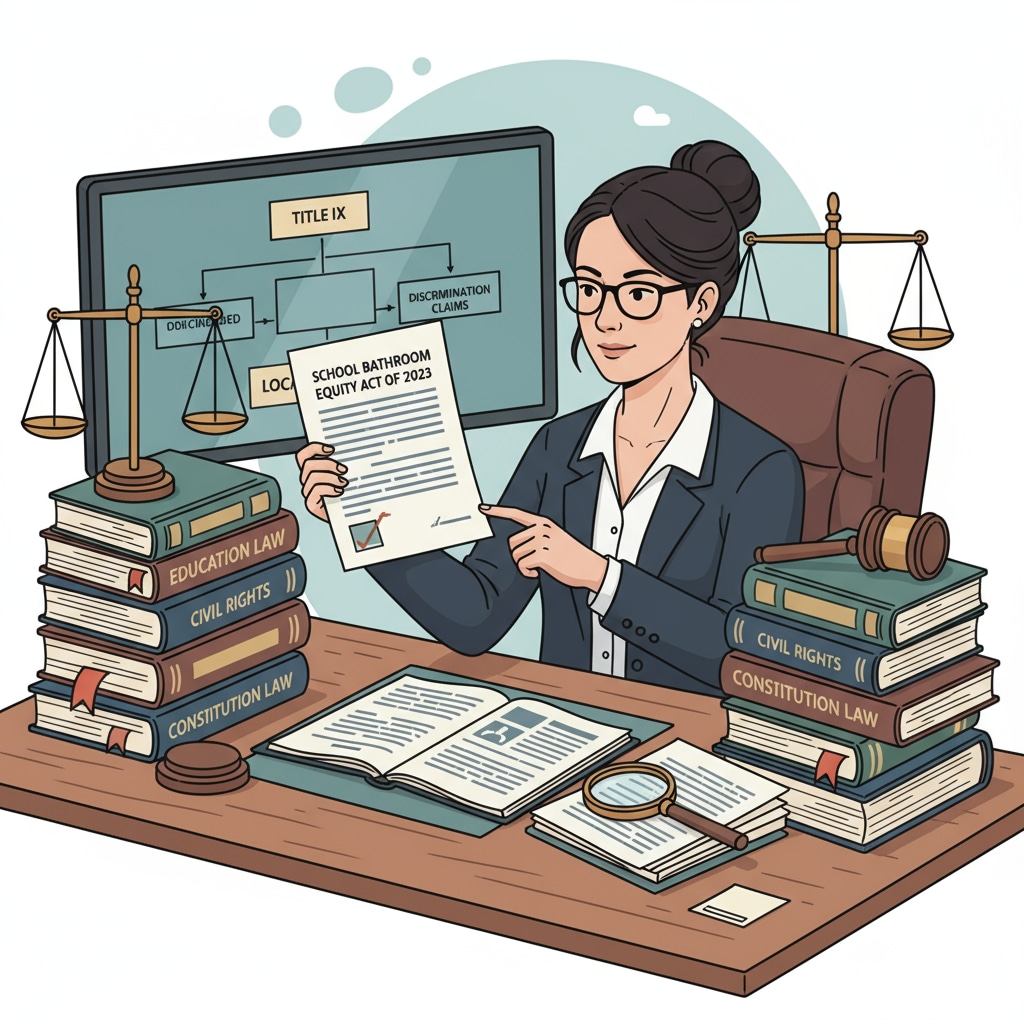 A lawyer looking at documents related to school bathroom policy laws, highlighting the legal aspect of the investigation. Lawyer examining documents about school bathroom policy laws in the context of the Department of Education's review of Fairfax County's bathroom gender policy