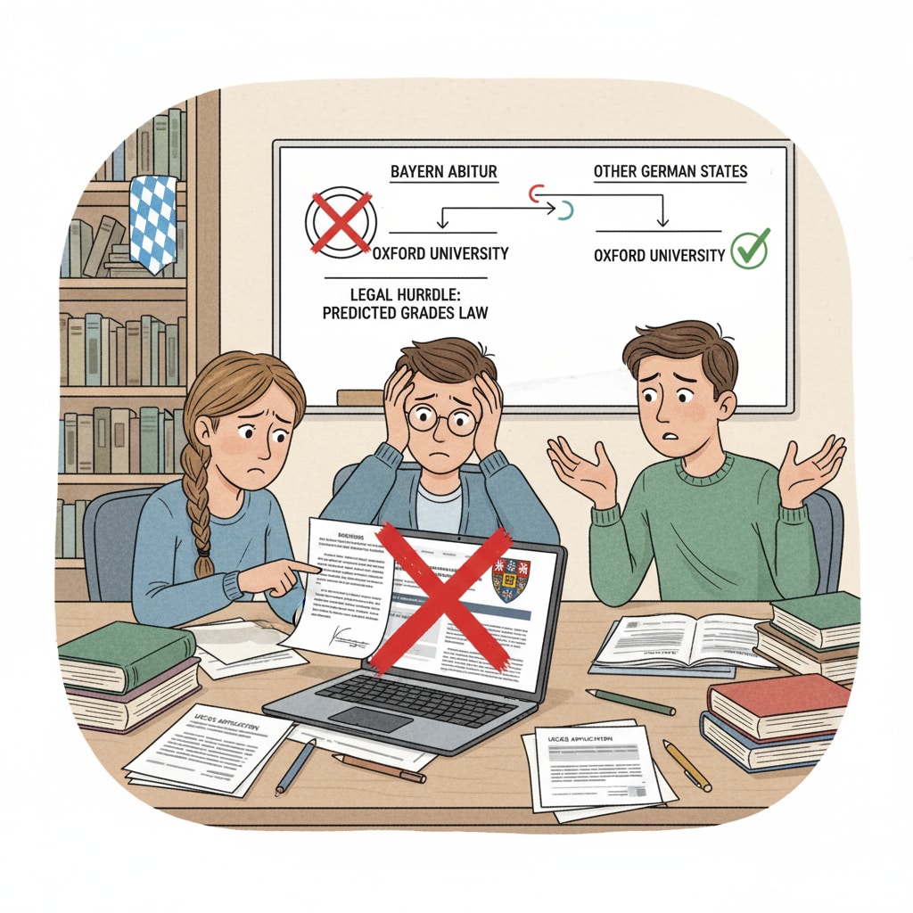 A group of German students discussing their university application options, looking concerned. This image represents the challenges Bavarian students face when applying to Oxford University due to the law regarding predicted grades. German students discussing Oxford University applications with concern due to Bavarian law on predicted grades