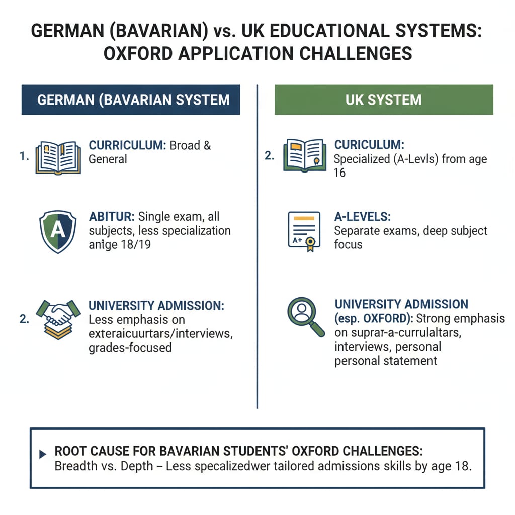 A comparison chart showing the differences between German and UK educational systems. This visual aid helps understand the root cause of the difficulties Bavarian students encounter in Oxford applications. Chart comparing German and UK educational systems relevant to Oxford applications for Bavarian students