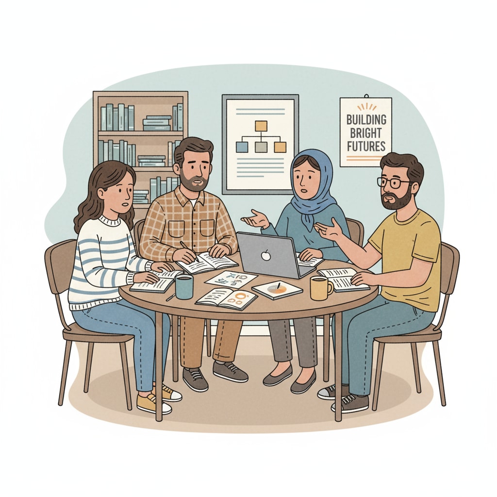 A group of low-income parents are sitting around a table, having a serious discussion about how to support their children's education. Low-income parents discussing children's education in family education context