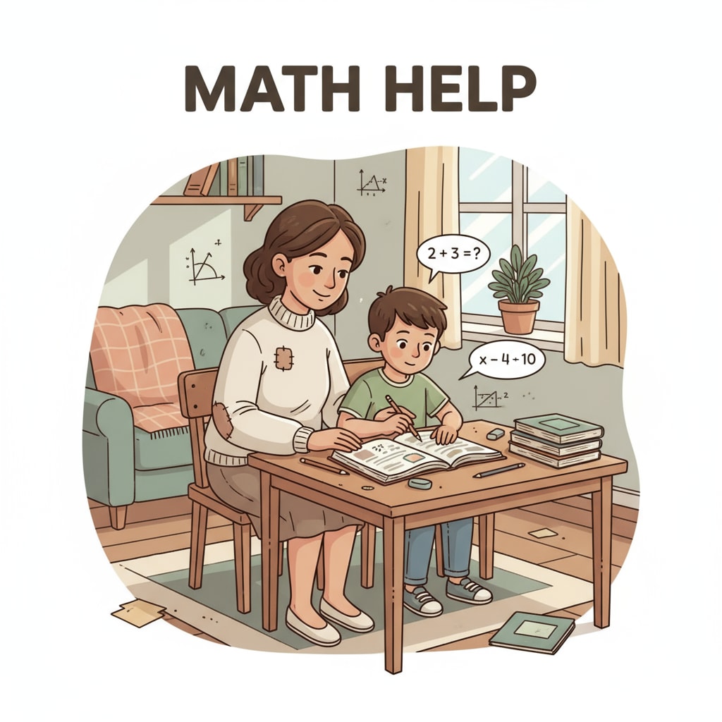 A low-income parent is sitting at a small table with their child, patiently helping the child solve math problems in a simple home environment. Low-income parent involved in children's homework in family education