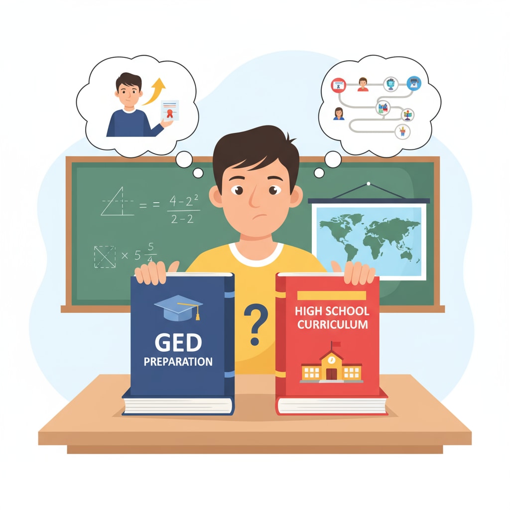 A student deciding between GED and high school curriculum books