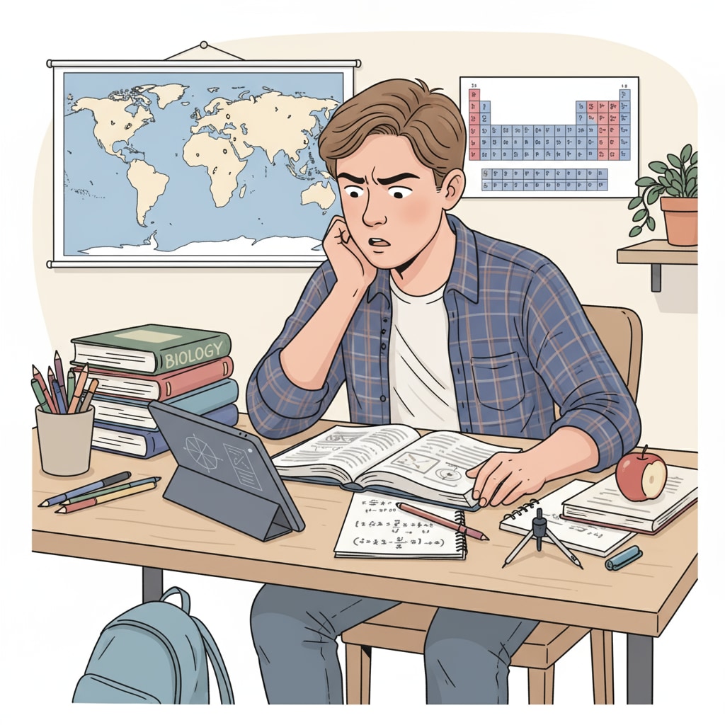 A 17-year-old student sitting at a desk, looking at educational materials with a thoughtful expression. A 17-year-old student considering GED and high school diploma options.