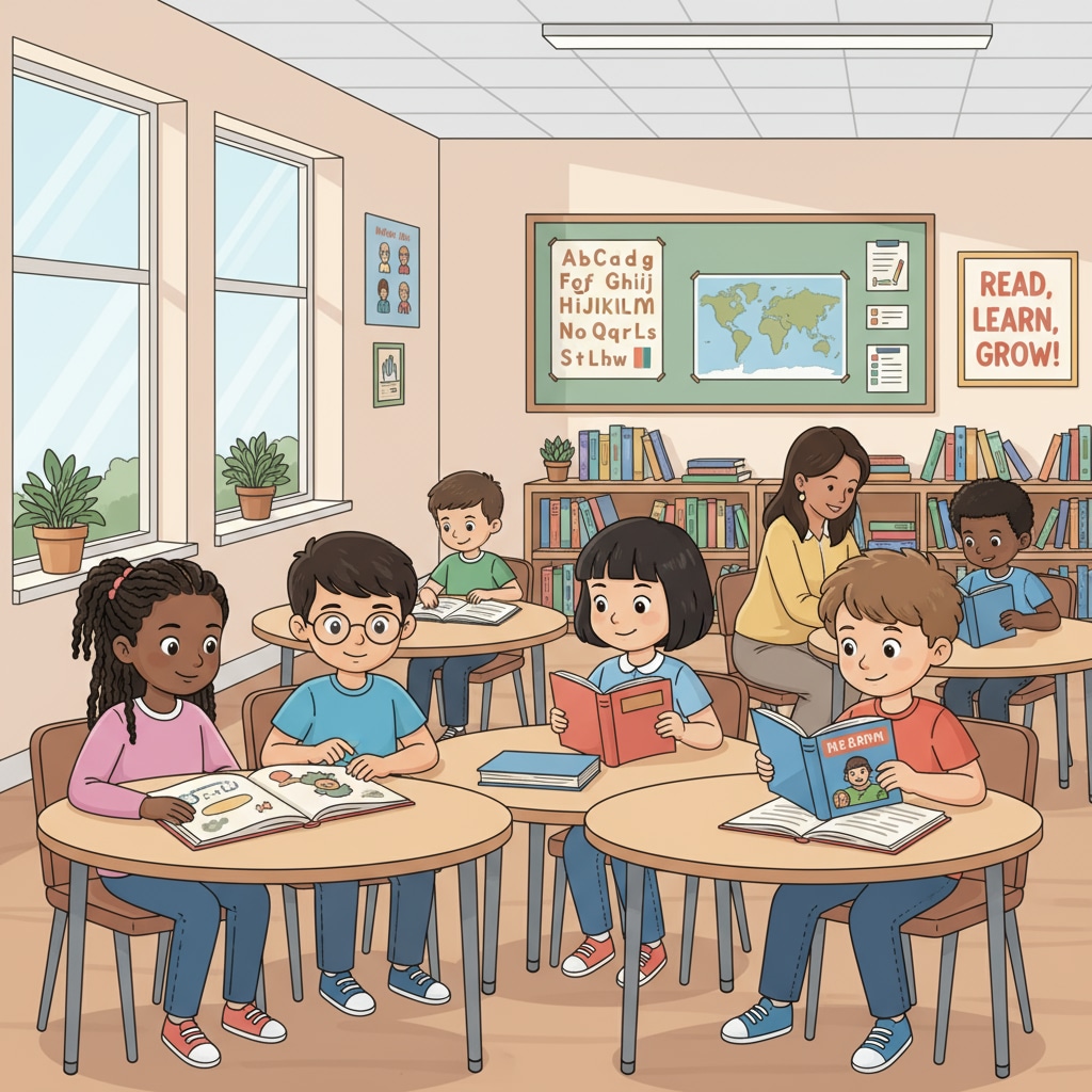A classroom scene with students of different races reading books, representing the diverse student body in K12 education and their engagement with literacy activities. Classroom scene of students of different races reading books related to literacy, racial bias, and media coverage