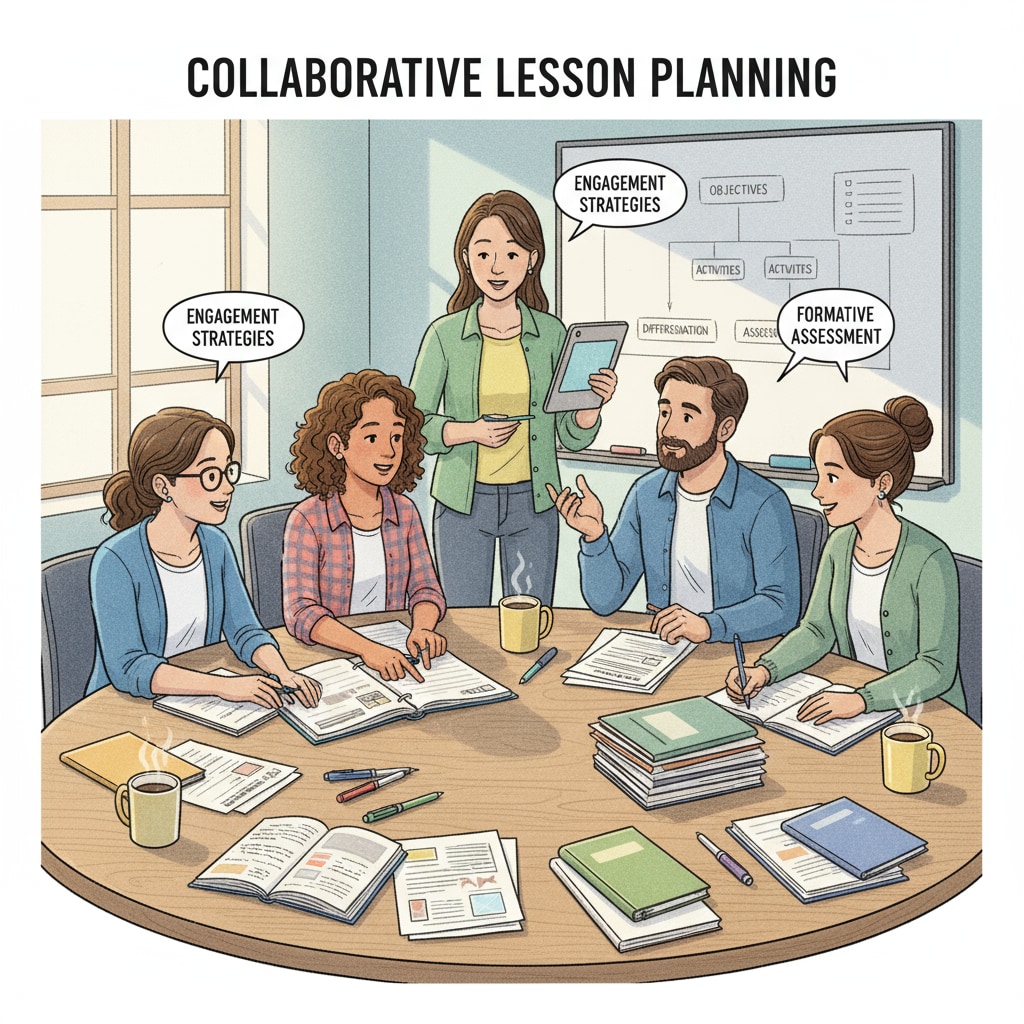 A group of student teachers is engaged in a discussion about lesson plans, with some looking at papers and others sharing their thoughts. Student teachers discussing lesson plans to enhance their teaching planning skills while considering the authenticity of lesson plans and the limitations of AI.
