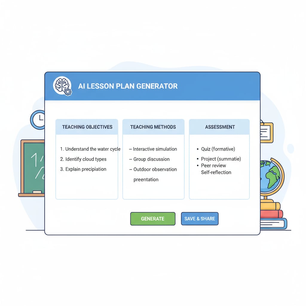 An interface of an AI tool displays a generated lesson plan, showing sections like teaching objectives, teaching methods, and assessment. An AI-generated lesson plan highlighting the allure but also potential limitations in the context of student teaching and authentic lesson planning.