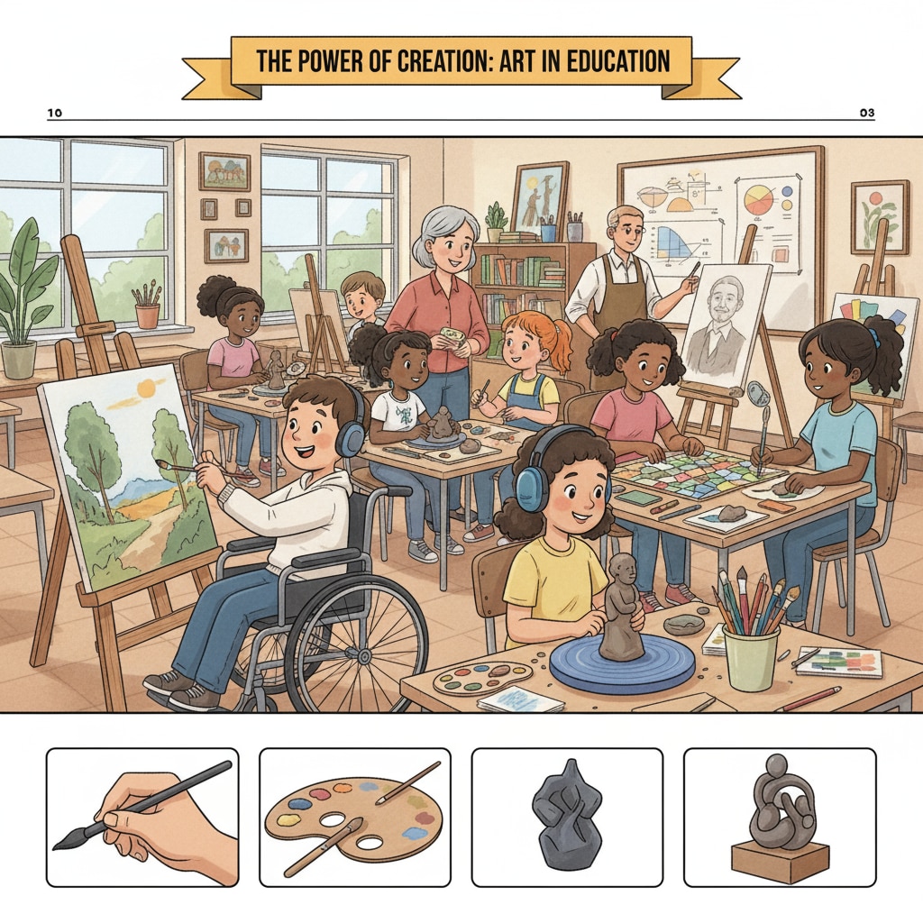 An art class scene relevant to special subject teachers, curriculum arrangement, and teacher substitution