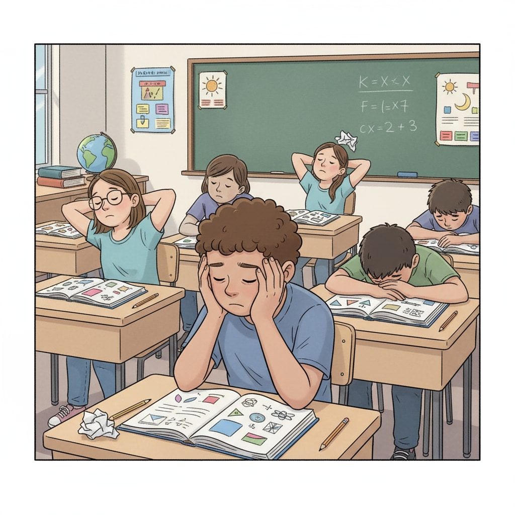 A group of K12 students are sitting at desks, looking frustrated while trying to study. Some have their heads in their hands, and books are open in front of them. K12 students experiencing learning difficulties and mental exhaustion