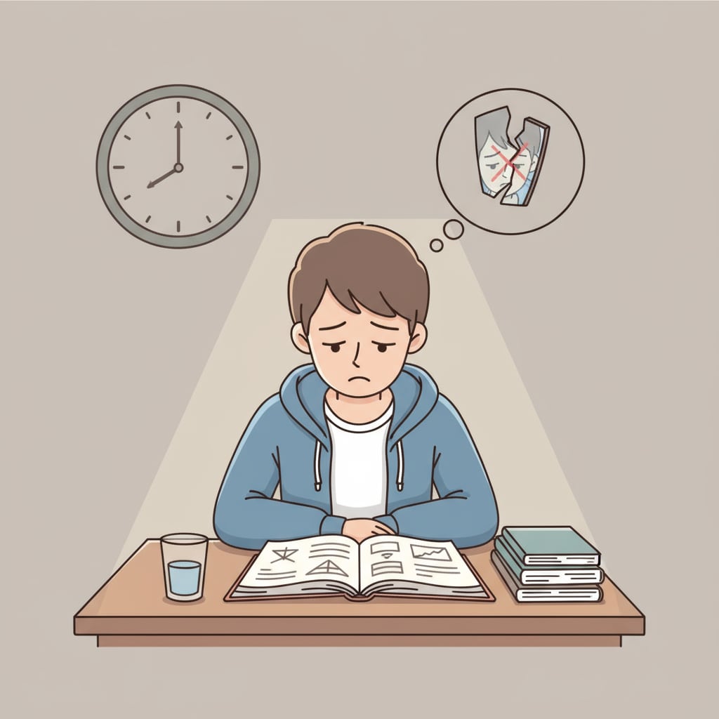 A single student is sitting alone at a desk. The room is quiet, and the student has a sad expression, looking down at the open books, showing signs of self-negation. A K12 student showing signs of self-negation due to learning difficulties