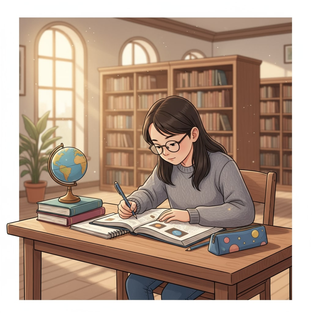 A student sitting alone at a desk in a quiet corner of the library, concentrating on studies A student with solitude preference studying alone in the library