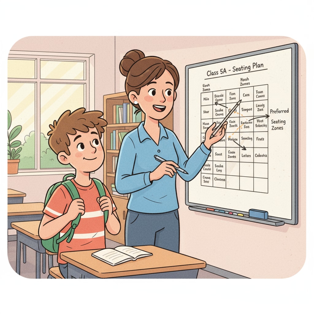 A teacher discussing seat arrangements with a student who looks relieved A teacher addressing a student's solitude preference through seat adjustment