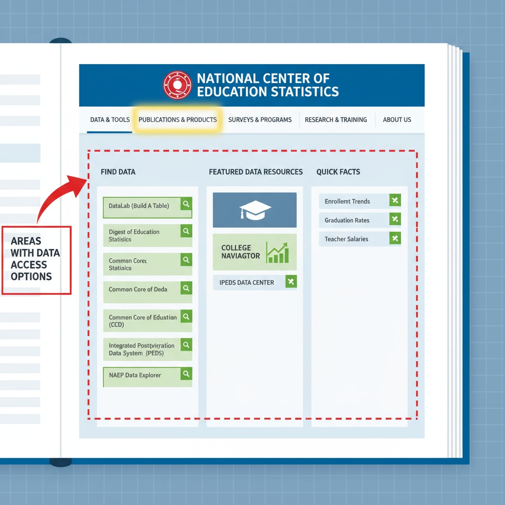 The image depicts the interface of the NCES website, highlighting the areas where data access options are available. It shows various tabs and links related to education data resources. NCES website interface for accessing education expenditure data relevant to academic research