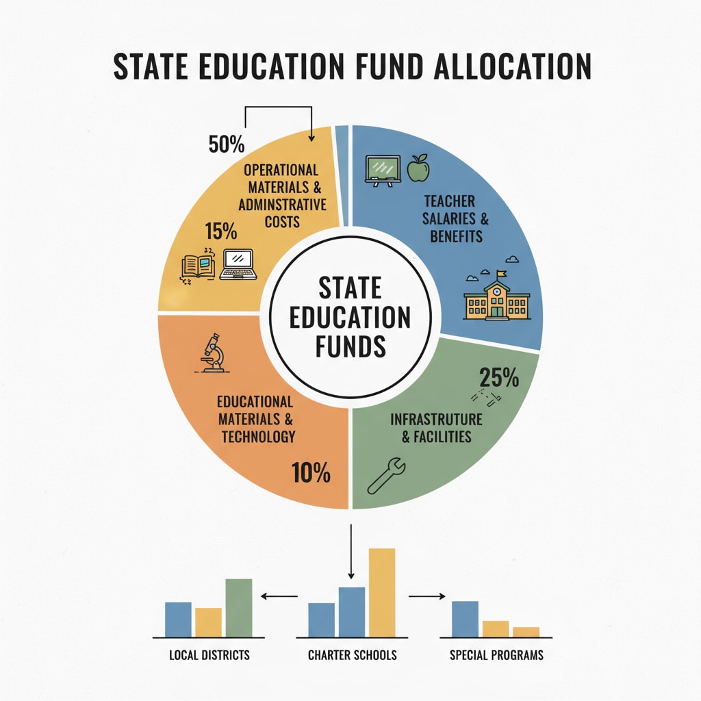 This graph presents a visual breakdown of how a state distributes its education funds among different categories such as teacher salaries, infrastructure, and educational materials. Graphical representation of state education funding distribution for academic research on education expenditure