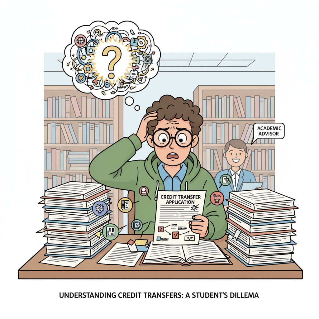 A student looking confused while trying to understand credit transfer paperwork. Student facing challenges with credit transfer in the context of continuing education for degree completion.
